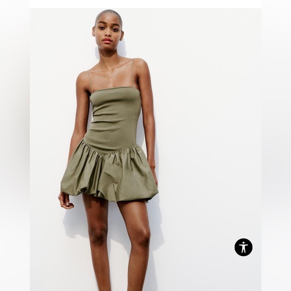Sold out NWT Zara mixed rib Poplin balloon dress in olive green color size M - Picture 2 of 10